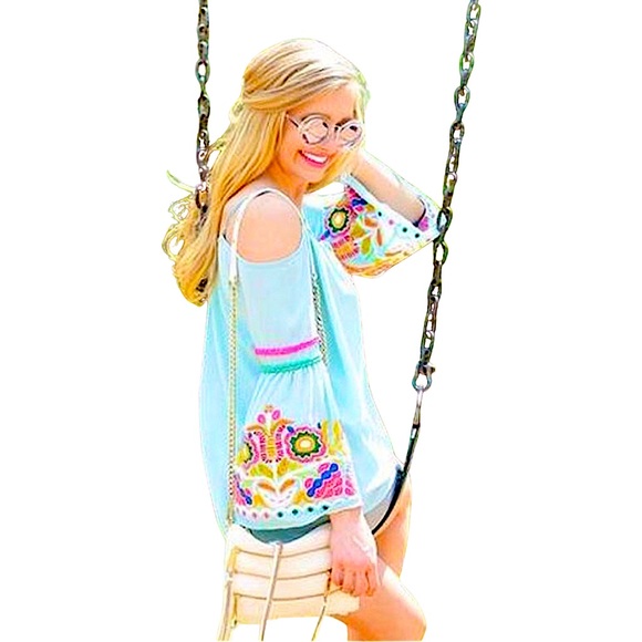 Vava by Joy Han size medium boho hippie cold shoulder floral bell sleeve shirt - Picture 6 of 16